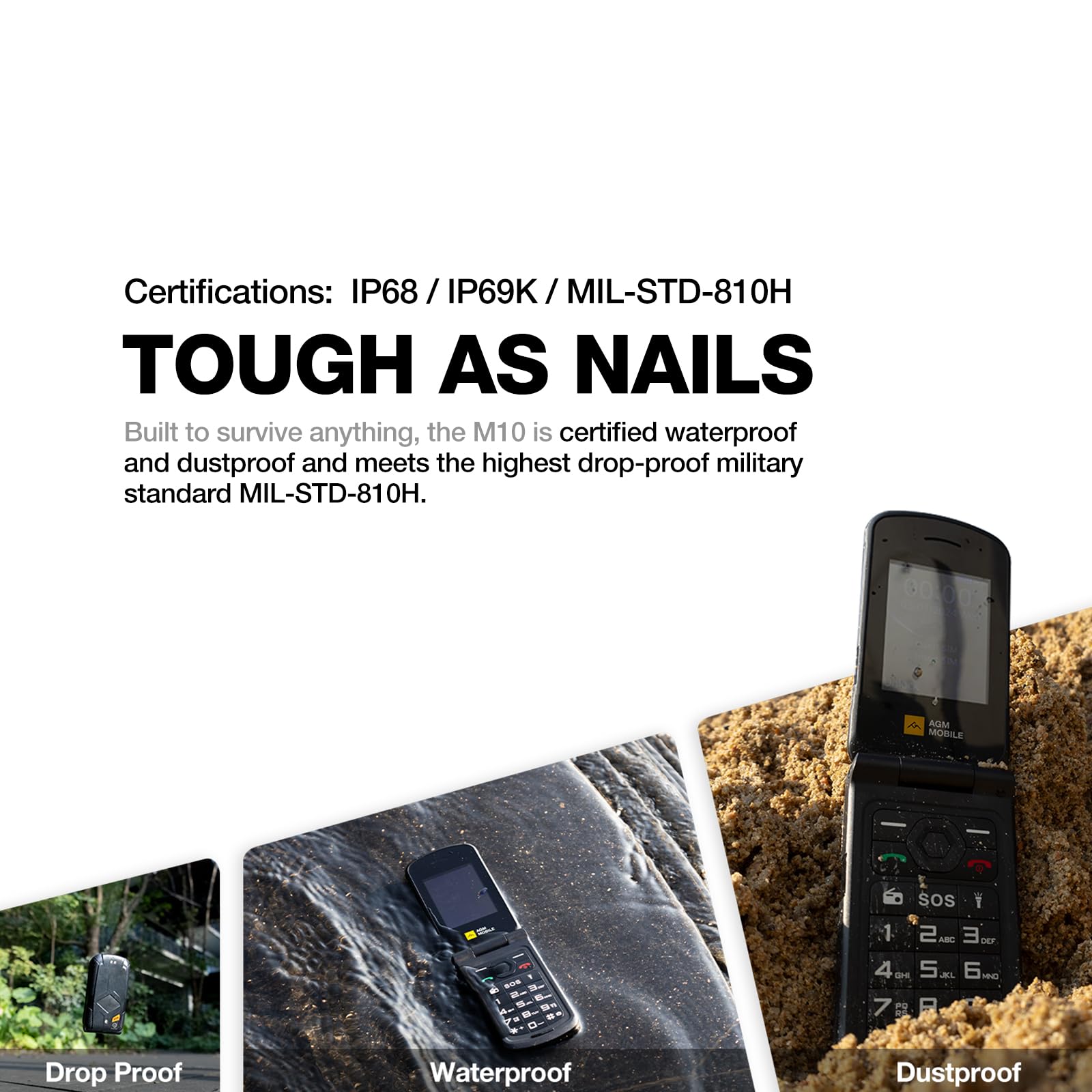 AGM M10 Rugged Basic Flip Phone, 4G Feature Cell Phone, Simple Mobile Phones, Pocket-Sized, Waterproof & Drop-Proof, Speed Dial, Large Fonts & Big Buttons, 98dB Speaker, Dual SIM, for T-Mobile ONLY