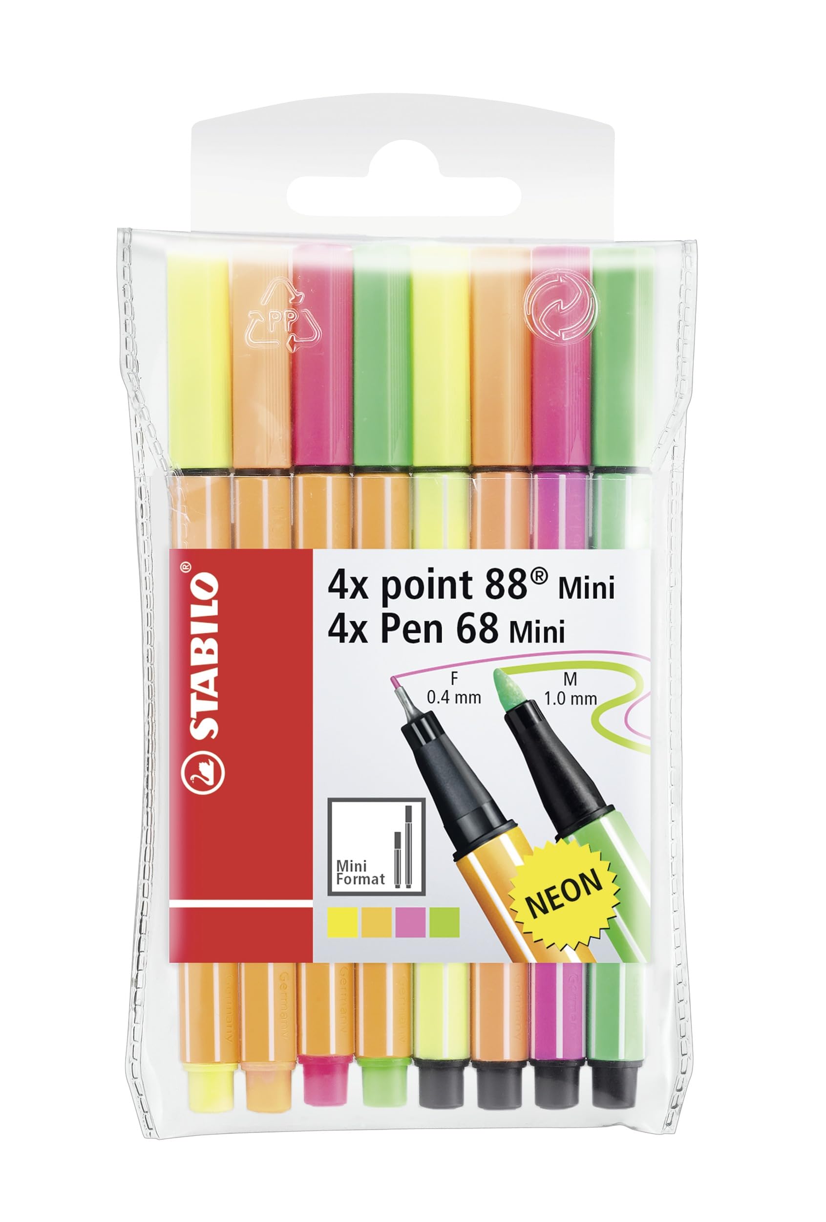 STABILO Fineliner & Premium Felt Tip Pen Pen 68 & point 88 Mini - Pack of 8 - Neon colours
