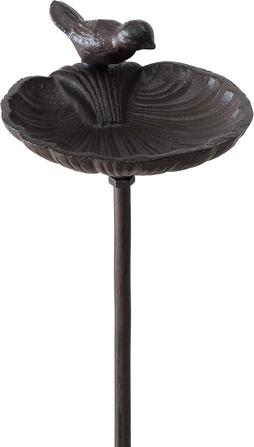 WHW Whole House Worlds Scallop Shell Garden Stake, Bird Feeder, Cast Iron, 3 Feet 2 1/2 Inches Tall, Rustic Garden Decoration
