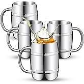 Ninehaoou 4 Pcs 304 Stainless Steel Barrels Mugs 15 oz Double Wall Coffee Cup Beer Stein Cup with Handle for Party Travel Tumbler Tea Insulated Cold Hot Drinks