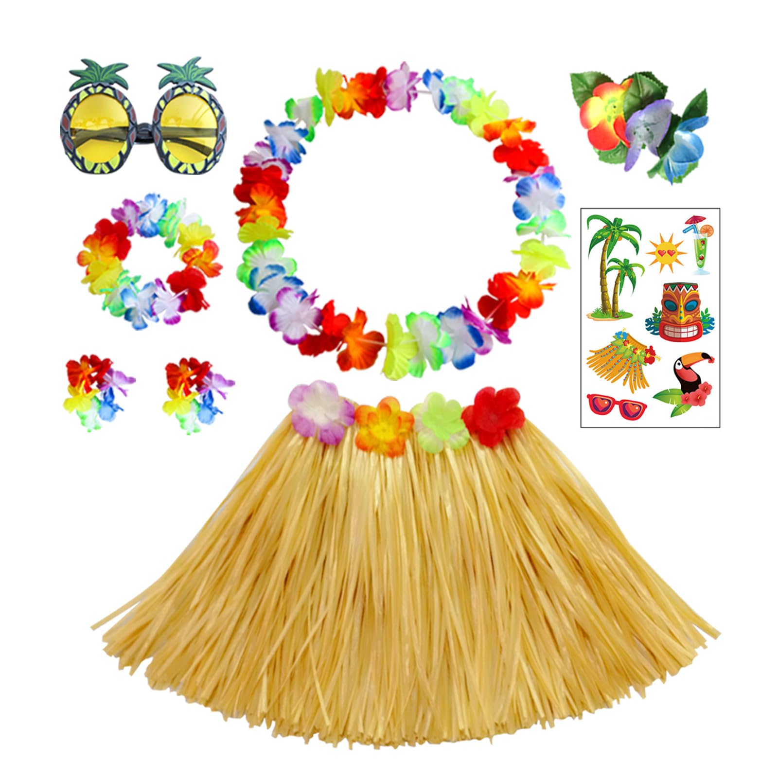 HBell 8pcs Hawaiian Hula Skirt Costume Set,40cm Hawaiian Grass Skirt,Hawaii Leis,Pineapple Glasses for Kids Fancy Dress Supplies Summer Beach Tropical Party Decorations (Straw Color) — image 1