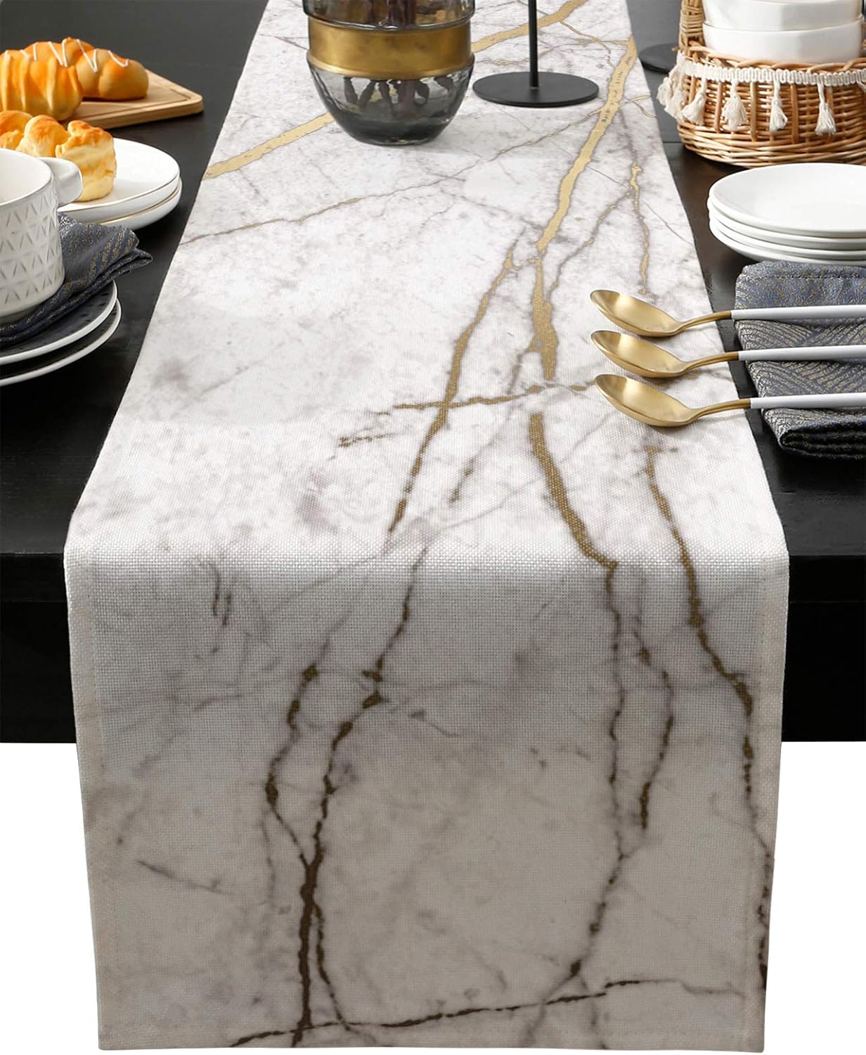Marble Table Runner-Cotton linen-Long 108 inche White Gray Gold Dresser Scarves,Texture Tablerunner for Kitchen Coffee/Dining/Sofa/End Table Bedroom Home Living Room,Scarf Decor for Holiday Dinner: Home & Kitchen