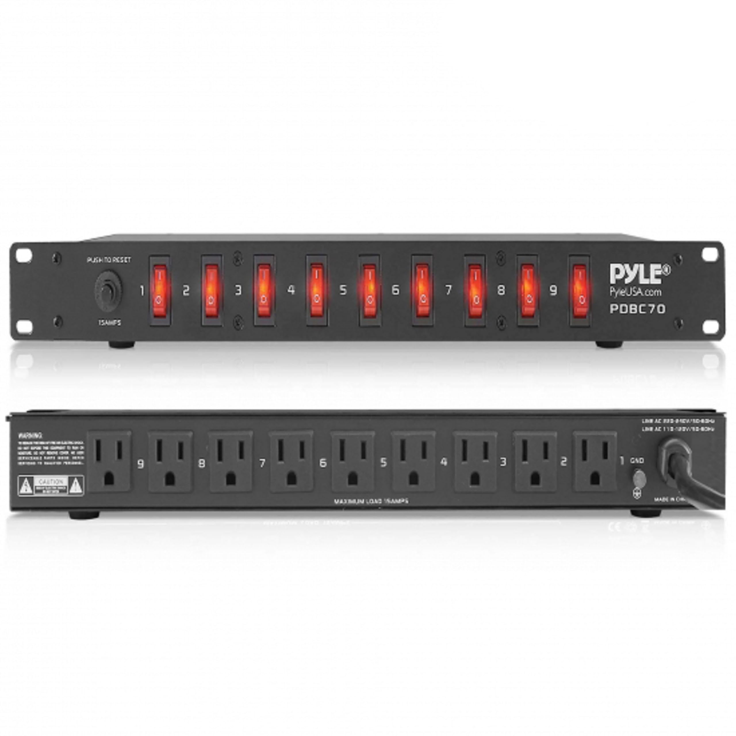 Pyle 15 Amp Power Supply Control Unit - 9 Outlet Rack Mount Power Strip with AC Noise Filter - 1U Steel Chassis - 6ft Cord - Surge Protection for Equipment Control - PDBC70 Image