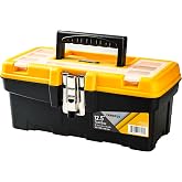 CANOPUS Plastic Toolbox, 12.5-inch Portable Tool Box with Metallic Clutch, Tool Organizer with Extra Storage Tray for Home Tools, Nails and Pins, Black-Yellow