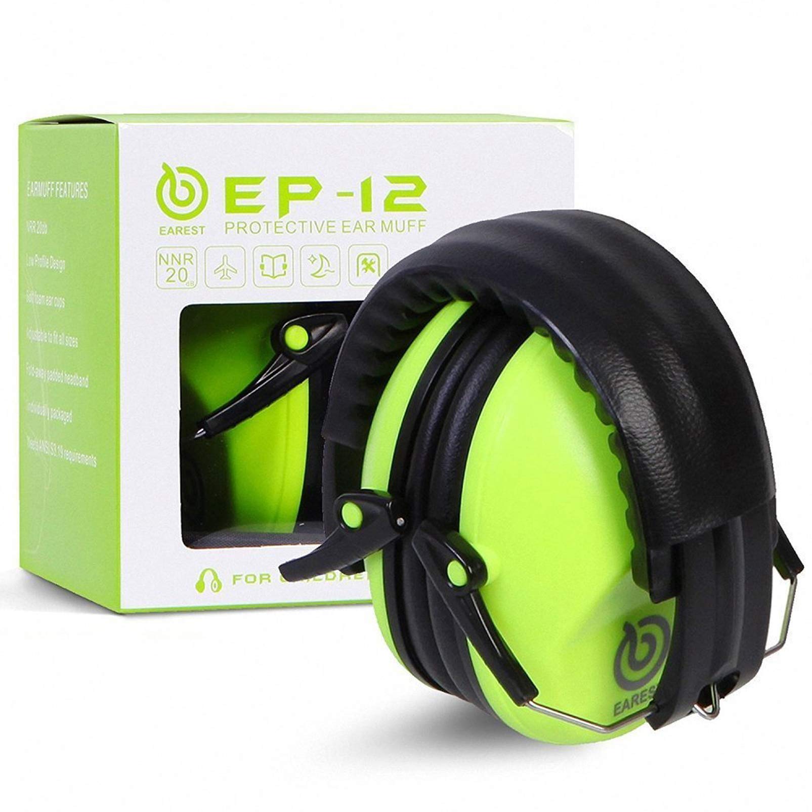 EAREST Noise Reduction Safety Earmuffs NRR 20dB Professional Hearing Protection Folding-Padded Ear Cups Shooting Hunting with Carrying Bag for Kids Baby (Fluorescent Green)