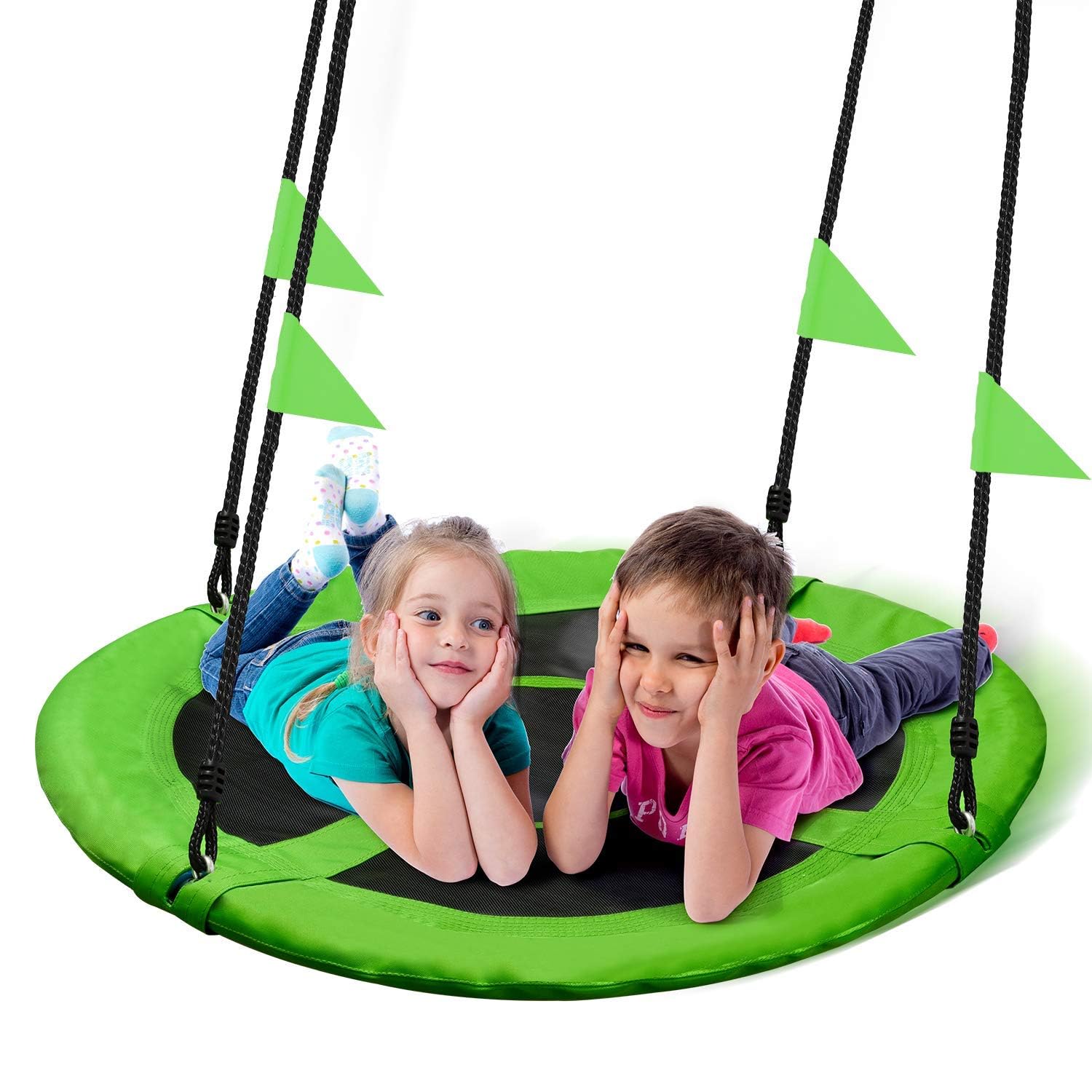 Photo 1 of PACEARTH 40 Inch Saucer Tree Swing Flying 900lb Weight Capacity 2 Added Hanging Straps Adjustable Multi-Strand Ropes Colorful Safe and Durable Swing Seat for Children-Green