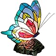 ZJART Small Tiffany Table lamp Stained Glass Butterfly Desk Lamp 7X5X9.8 Inch Accent Antique Light (Blue Red Butterfly)