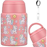 Aimsnk 17oz Soup Thermo for Hot Food Kids Insulated Food Jar,Thermo Hot Food Lunch Container, Width Mouth Stainless Steel Lunch Box for Kids with Handle Folding Spoon (Pink-Unicorn)