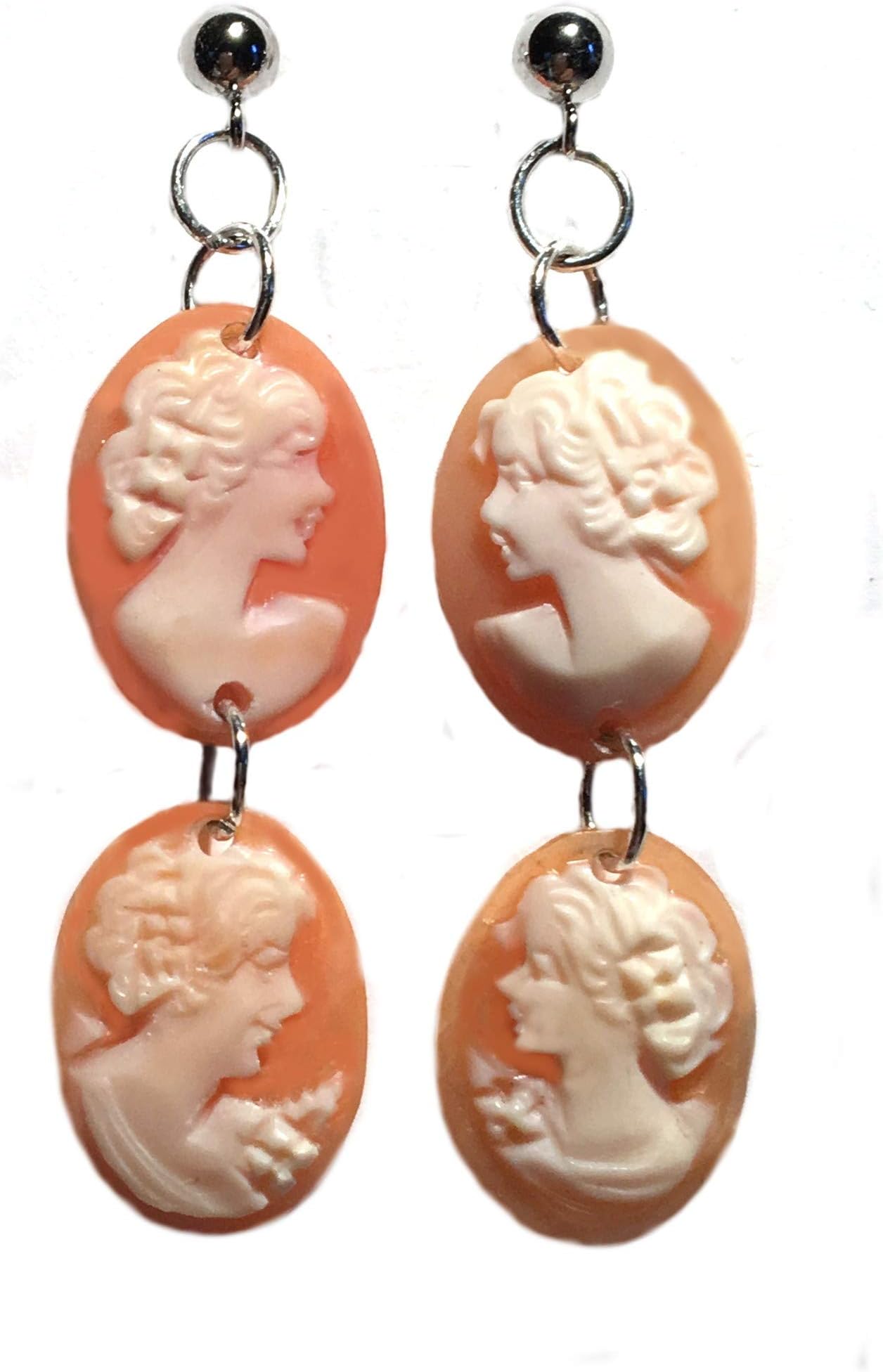 Cameo Earrings Master Carved, Carnelian Shell, Post Back Dangle, Sterling Silver, Italian, Imported