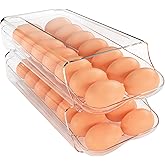 theaoo Egg Holder for Fridge, Automatic Rolling Egg Container, Clear, 2Pack | Quick Removable Inner Tray For Easy Egg Loading. Stackable Egg Dispenser For Refrigerator Storage and Organization