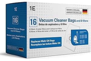 1E 16 Type G/N Vacuum Cleaner Bags for Miele Vacuum Cleaners [Replaces 10123210 AirClean 3D Efficiency Type GN] – Fits Classic C1, Complete C2 & C3, S8340, S8000, S6000 & S5000 Series + 8 Filters