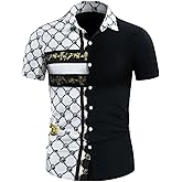 WDIRARA Men's Baroque Printed Dress Shirts Short Sleeve Button Down Business Dress Shirts