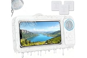 ONTUZ Waterproof Phone Holder for Shower with Speaker - Built-in Smart Bluetooth Speaker,100% Waterproof/Fog-Resistant for any Phone,Shower Phone Holder Waterproof,100% Secure Attachment any Surface (White)