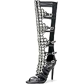 sexyprom Women's 4.3IN Hollow Open Toe Knee High Boots Metal Buckle Stiletto Heels Nightclub Party Wedding Shoes