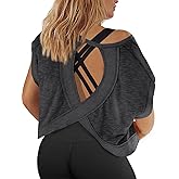 Fisoew Womens Plus Size Open Back Workout Tops Backless Short Sleeve Athletic Shirt Running Crop Top Gym Yoga T-Shirt