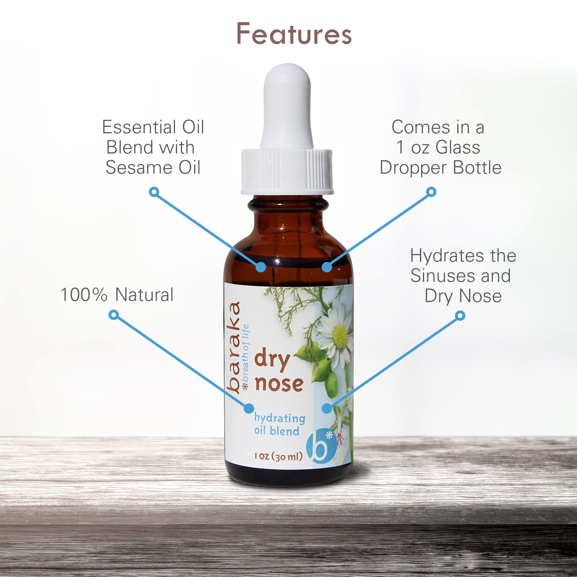 Baraka Dry Nose Nasal Moisturizer - Organic Essential Oils (Cardamom, Everlast, German & Roman Chamomile) in Sesame Oil Base - Hydrating Sinuses & Dry Nose - (1 oz Dropper Bottle)