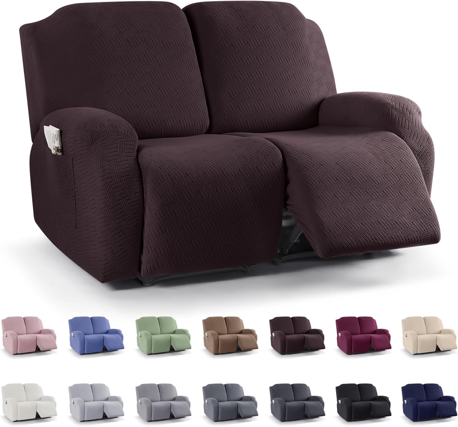 Slipcovers - KinCam Loveseat Recliner Covers, 2 Pieces Stretch Reclining Sofa Covers for 2 Seat Recliner Sofa Slipcovers Stripe Jacquard Furniture Protector Covers with Elastic Bottom for Kids, Pets (Chocolate)