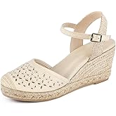 Qonetic Women's Closed Toe Platform Sandals Summer Buckle Ankle Strap Espadrilles Wedge Sandals