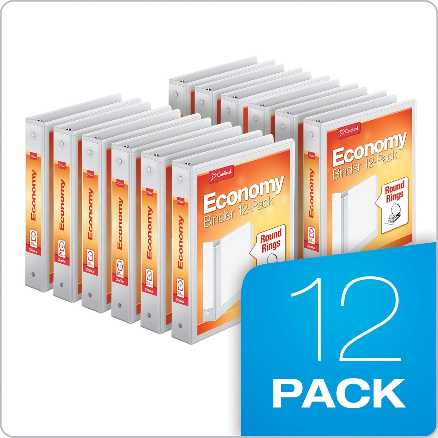 Cardinal Economy 3-Ring Binders, 1.5", Round Rings, Holds 350 Sheets, ClearVue Presentation View, Non-Stick, White, Carton of 12 (90631): Office Products