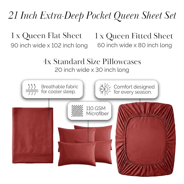 SOUTHSHORE FINE LIVING, INC. 6 PIECE 21 INCH TERRACOTTA SHEETS QUEEN SIZE BED SET, EXTRA DEEP POCKET QUEEN SHEETS SET FOR THICK MATTRESS, SOFT EASY CARE MICROFIBER, PET HAIR RESISTANT BEDDING, MARSALA