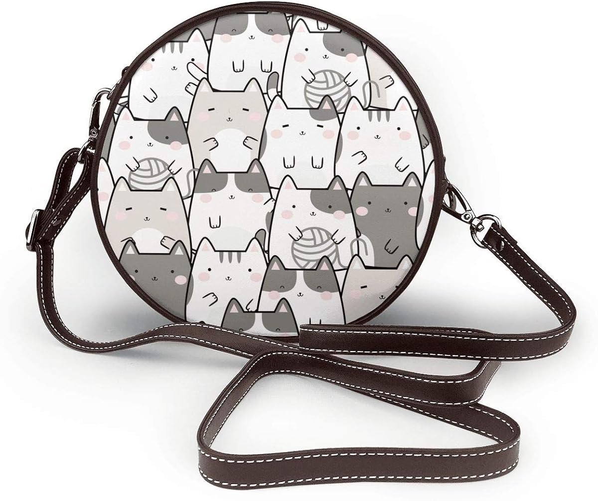 Kawaii Cute Cats Round Crossbody Bag for Women Leather Circle Purses