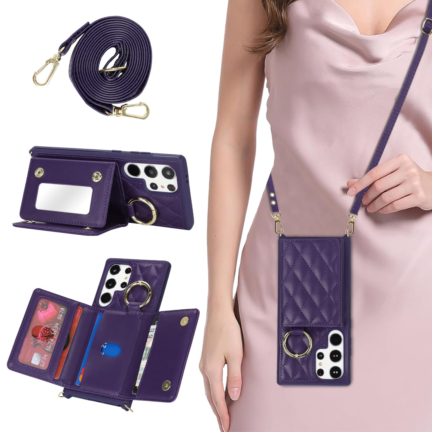 DEYHU for Galaxy S24 Ultra Case with Card Holder and Strap for Women,Crossbody Lanyard, Make Up Mirror,Ring Stand,Snap Clasp,Cute Phone Wallet Cases 6.8 inch - Deep Purple