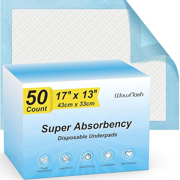 50 COUNT SUPER ABSORBENCY DISPOSABLE UNDERPADS, LEAKPROOF QUICK DRYING DISPOSABLE PADS FOR BABY, PUPPY AND ADULTS, DISPOSABLE CHANGING PADS FOR BABY, DISPOSABLE DIAPER CHANGING PADS, 17” X 13”