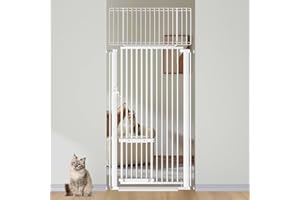 FLOWER FRAIL 71" Extra Tall Cat Gate for Doorway, 29.5"-32.2" Extra Wide Pet Gate with Adjustable Cat Door, Pressure Mounted Safety Metal Gate, No Jumping Over Pet Barrier for Stairs Hallway Indoor or Kids, White