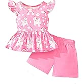 NUBEEHOHO Girls Summer Outfits Toddler Baby Girls Short Sets 2 Piece Clothing Set Flutter Sleeve Shirt and Short 2-7 Years