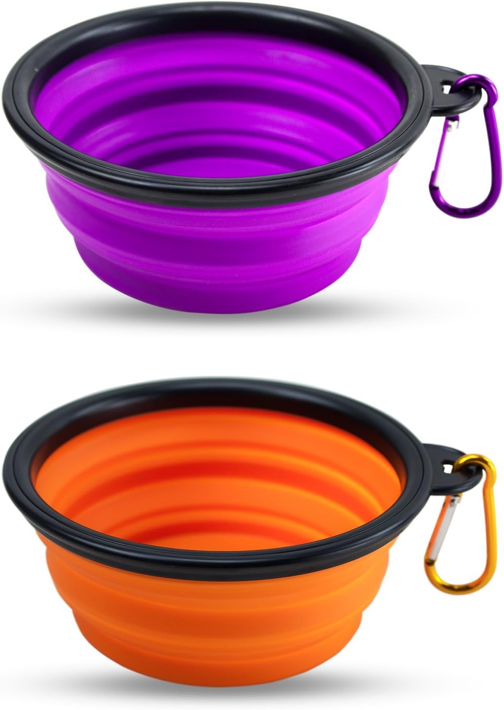 Premium folding travel dish, robust silicone bowls for dogs and cats, high quality water and food bowl (1 x orange, 1 x purple)