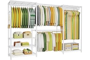 Ulif E1 Heavy Duty Closet Garment Rack, 6 Tiers Adjustable Metal Freestanding Expandable Clothing Storage with 4 Hanger Rods, Easy to Assemble Wardrobe, 71.4" H x (70" - 88.2") L x 14" D, White