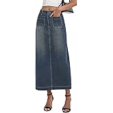 POTILI Long Denim Skirt for Women Stretch Maxi Skirt with Back Slit High Waisted Jean Skirts with Pockets Casual Vintage Blue