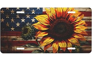CEMFYZOCH Front License Plate for Car Designs American Flag Sunflower Flower Stainless License Plate Cover Holder for Men Women Metal Aluminum Decorative Accessory Vanity Tag Standard 6 X 12 Inch (4 Holes)