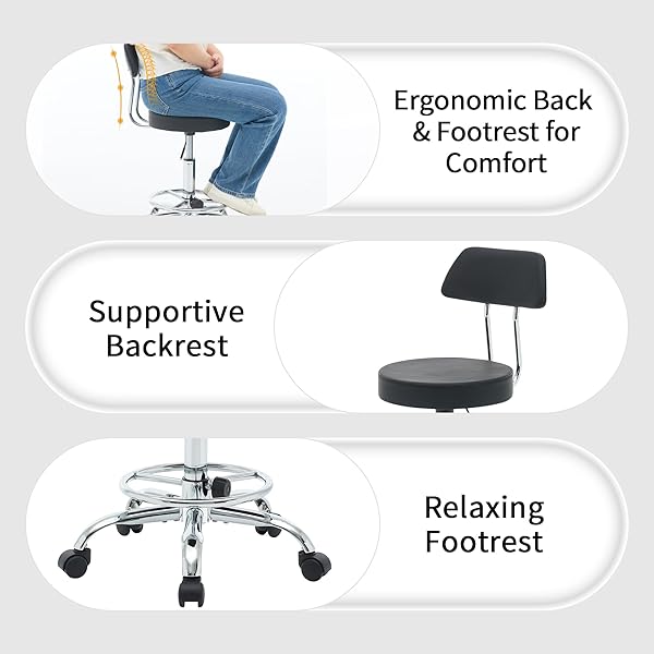 FIRAVOE OFFICE CHAIR WITH BACK (ADJUSTABLE HEIGHT POSTURE STOOL 19.5″-26.6″)(DRAFTING CHAIR ON WHEELS) WORK STOOL WITH FOOTREST (BLACK)