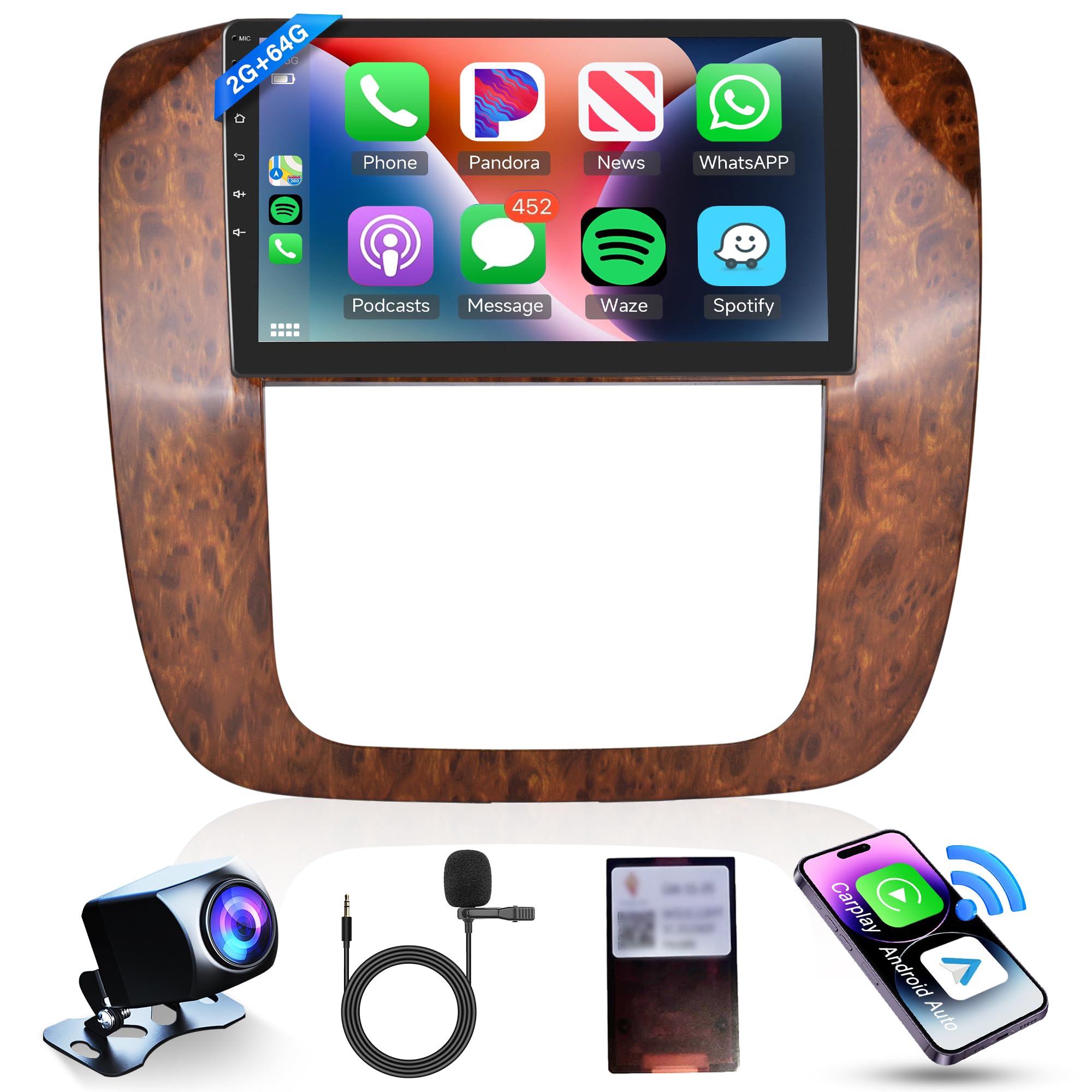 Photo 1 of 2+64G Android Car Stereo for GMC Yukon Sierra Chevy Tahoe Suburban Silverado 2007-2013 with Wireless Carplay Android Auto Radio, 9 Inch Touchscreen Head Unit WiFi GPS Bluetooth FM EQ Rear Camera SWC