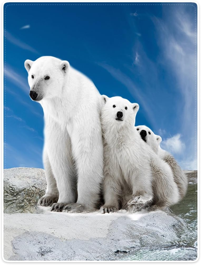 Violetpos Thick Flannel Blanket Soft Warm Cosy Fleece Sofa Blanket Cover Cute White Polar Bear and Baby Blue Skies, flannelette, White, 150 x 200cm