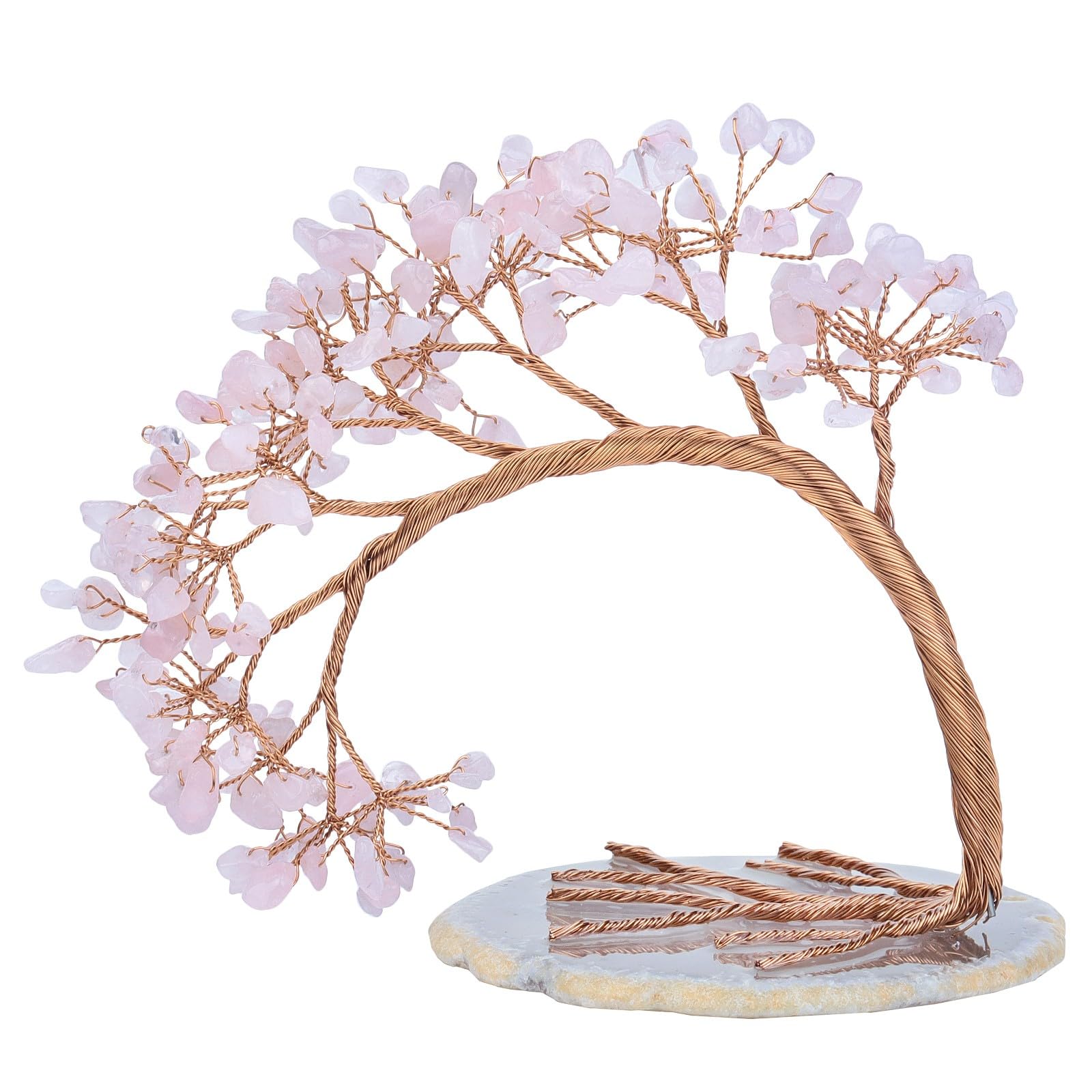 KYEYGWO Rose Quartz Crystal Money Tree FengShui Bonsai Figurines with Agate Slices Base, Crystal Tree Home Office Ornament for Good Luck and Wealth, 4.5-5.2 inches Tall