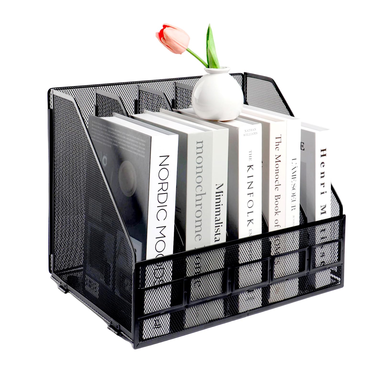 Photo 1 of EXOFC Metal Mesh File Holder, 5 Compartments Document Holder Office File Storage Rack, A4 Magazine Desktop Organizer, Black