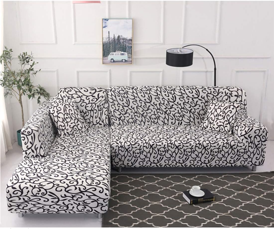 OSISLE High Elastic Printing Polyester L-Shaped Sofa Cover Non-Slip Sofa Cover; 2PCS Elastic Sleeve Sliding Cover + 2 Pillow Cases(L-Shape 3+2 Seats) (BC014)
