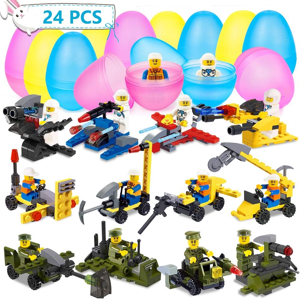UMIKU Easter Egg Fillers Toys 12pcs Plastic Easter Eggs + 12pcs Building Blocks Easter Basket Stuffers Prefilled Easter Eggs with Toy Inside Easter Toy Gifts Party Favors for Kids Boys Egg Hunt