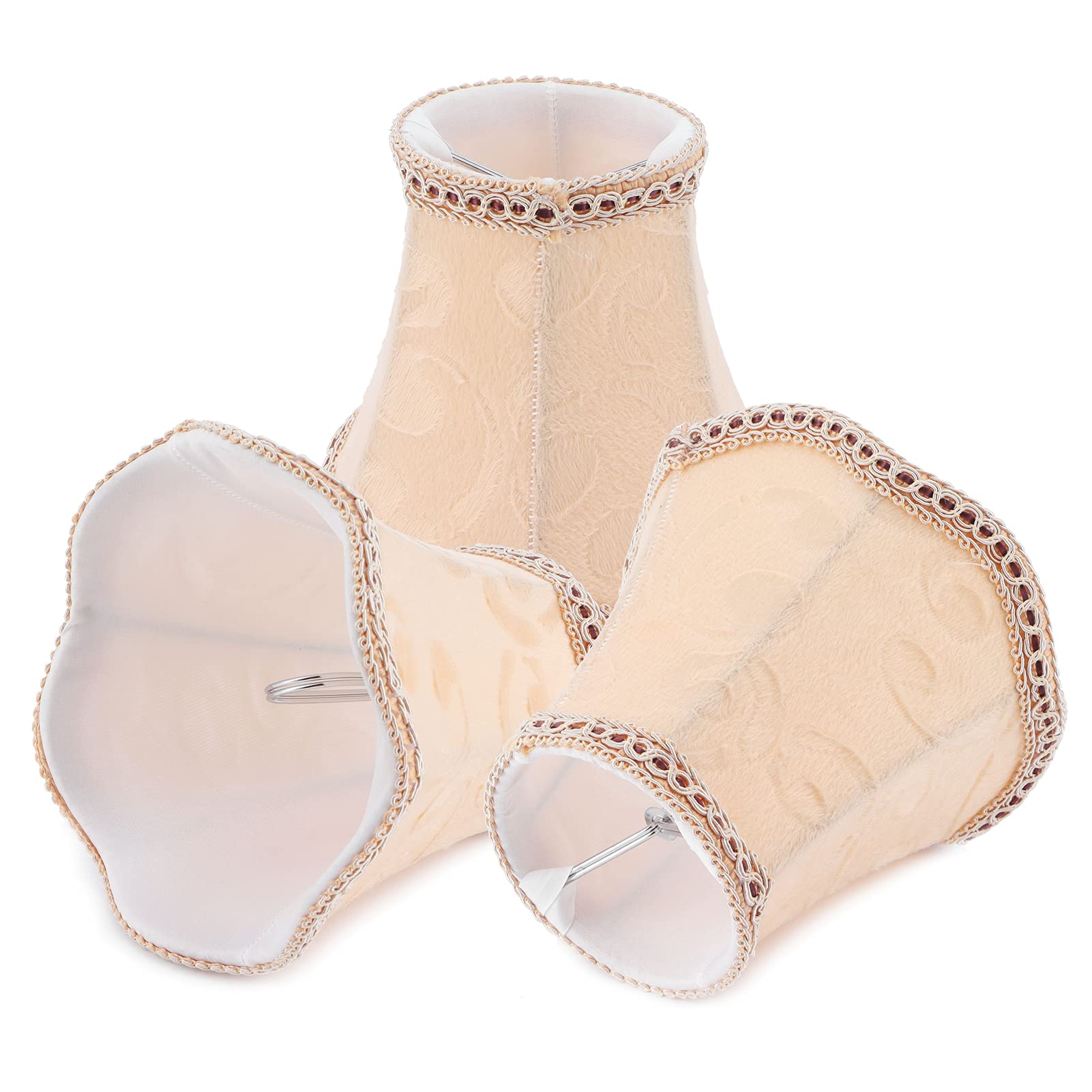 Small European Fabric Lamp Shade Set of 3, Clip-On Waves Design for Table Lamps & Candle Chandeliers, Heat Resistant Apricot Decorative Covers - 5.1x4.7x3.1 Inches