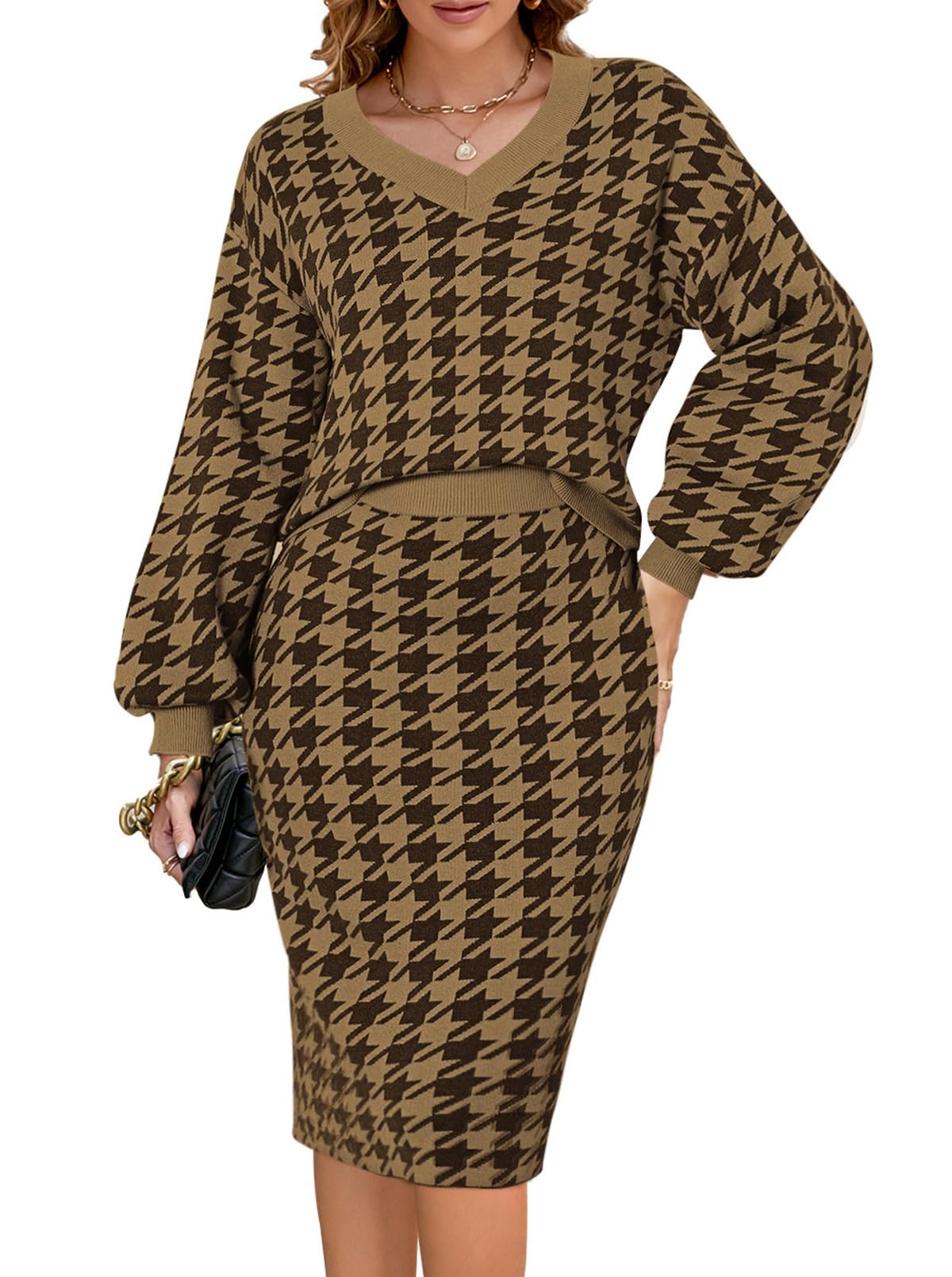 Photo 1 of **bottom only** Pink Queen Women's 2 Piece Outfit Dressy Long Sleeve Top Bodycon Skirt Sets Knit Houndstooth Midi Sweater Dress Brown L