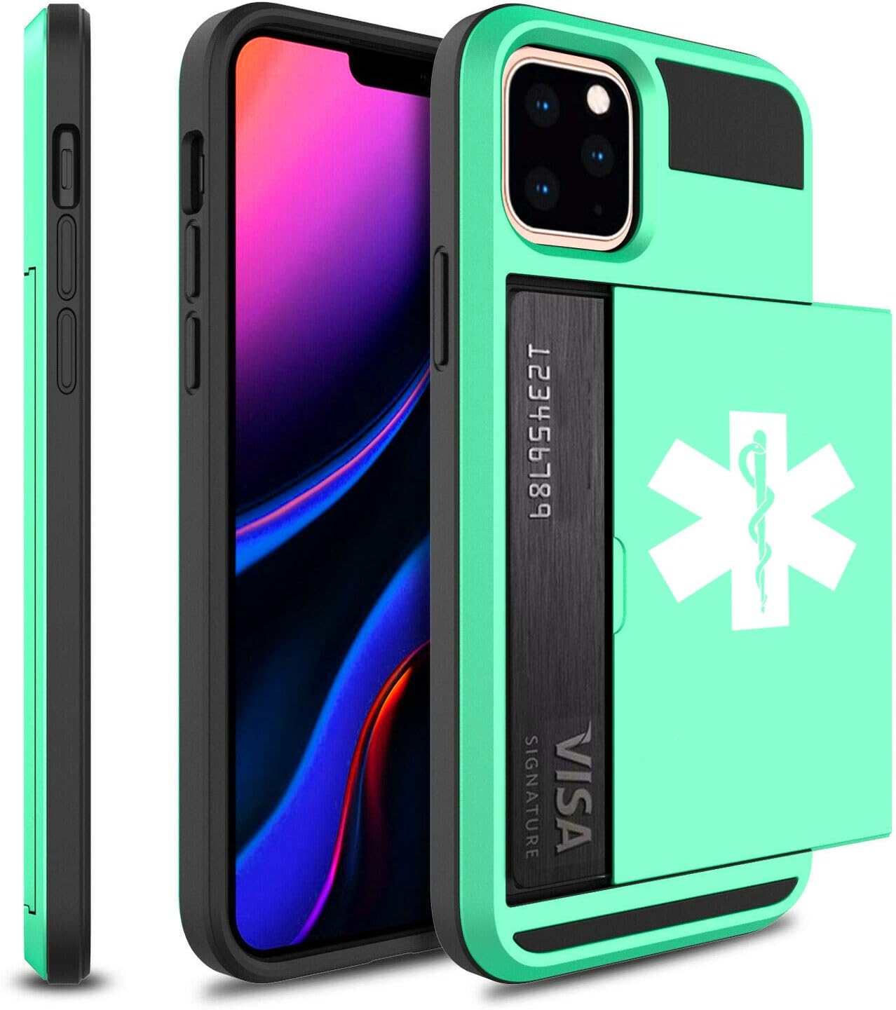 Wallet Credit Card ID Holder Shockproof Protective Hard Case Cover for Apple iPhone Star of Life EMT Paramedic (Teal-Green, for Apple iPhone 11 Pro Max)