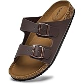 Torotto Genuine Leather Mens Slides with Cork Footbed Open Toe Adjustable Webbing Flat Sandals for Walking | Beach | Indoor(Leather/Red brown-45)