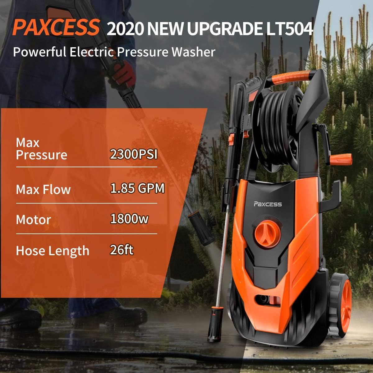PAXCESS Power Washer, 2300 PSI 1.85 GPM Electric Power Pressure Washer with Spray Gun, Adjustable Nozzle, 26ft High Pressure Hose, Hose Reel (Power Wash Machine, Portable Pressure Cleaner, Car Washer) : Garden & Outdoor