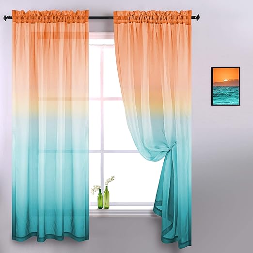 Amazon Com Orange And Green Sheer Curtains 84 Inches Long 2 Panels Modern Two Tone Window Semi Sheer Bright Color Ombre Curtains For Living Room Bedroom Coral Burnt Yellow Aqua Mint Turquoise Peacock