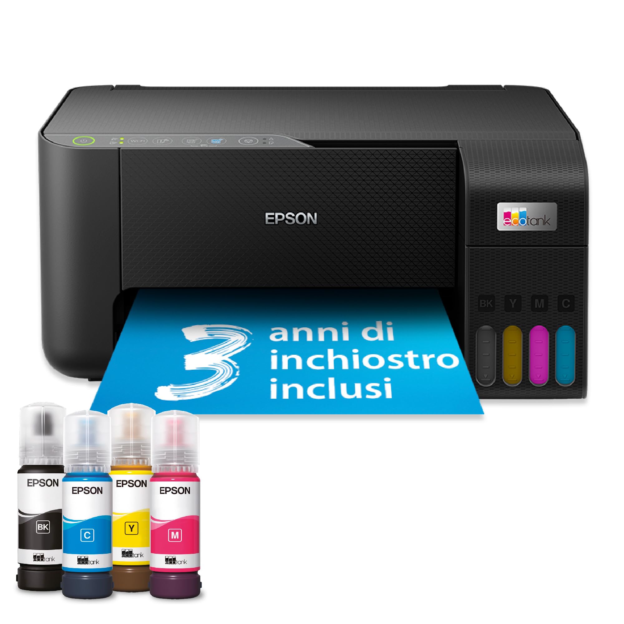 Epson EcoTank ET-2862 Stampante Multifunzione 3-in-1 A4, Serbatoi Ricaricabili Alta Capacità, 4 Flaconi Inclusi pari a 4500pag B/N 7500pag Colore, Display LCD USB Wi-Fi/Direct Fronte/retro, Nero