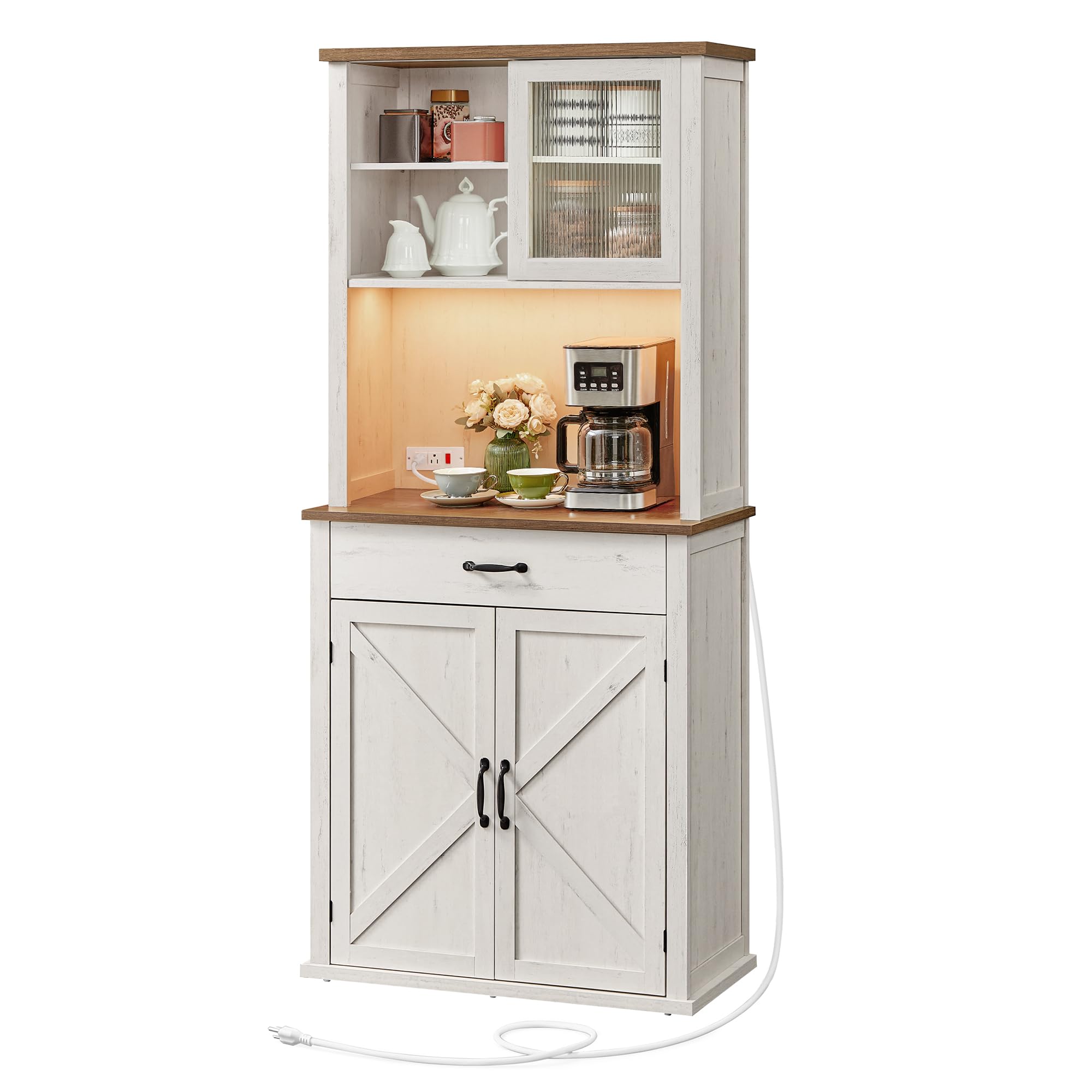 Photo 1 of **used****VASAGLE 71" Kitchen Pantry Cabinet with Lights and Charging Station, Coffee Bar Cabinet with Doors and Drawer, Farmhouse Style, Adjustable Shelves, Rustic White UBBK363W12