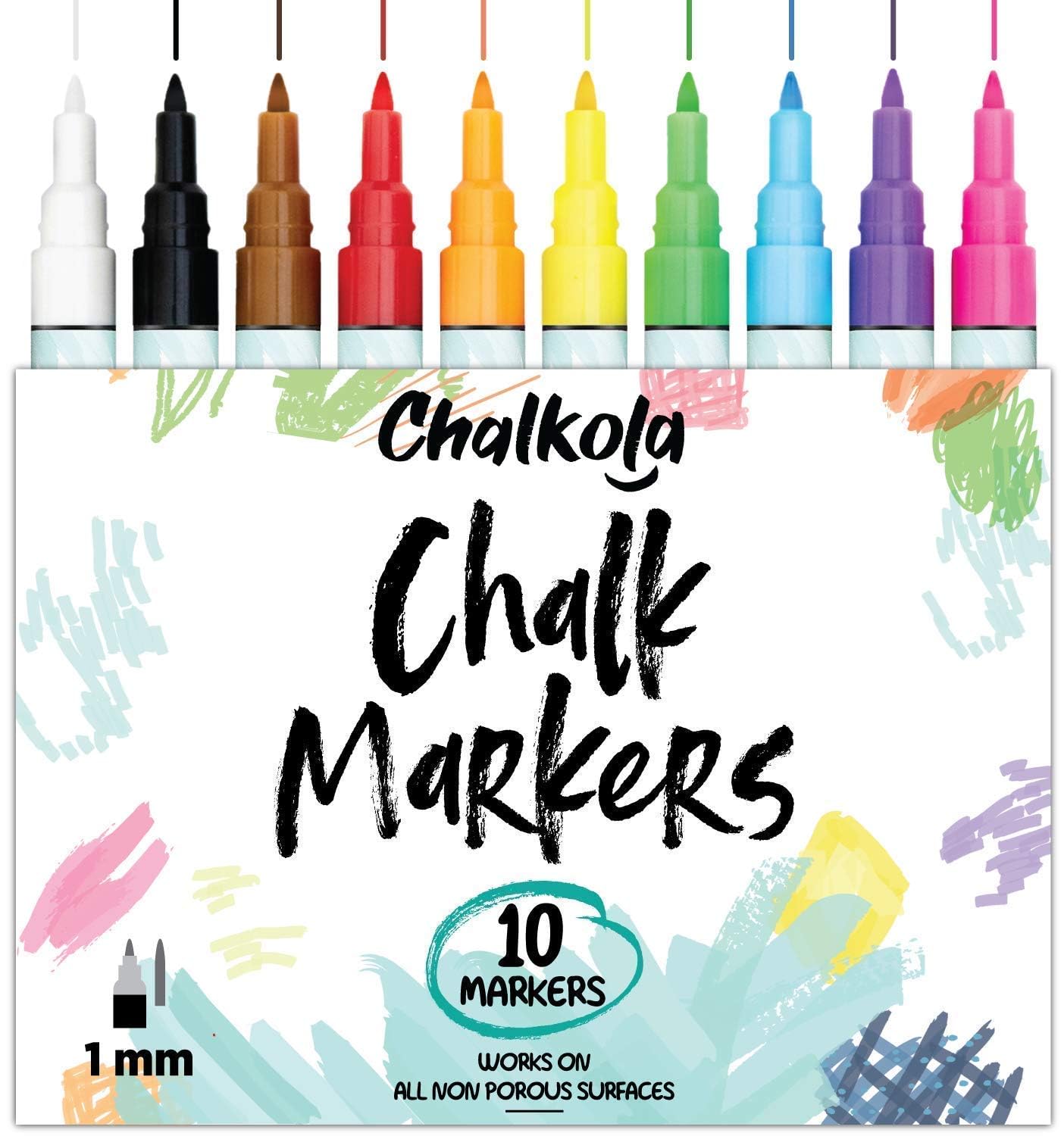 Chalk Markers Fine Tip (10 Pack, 1mm Extra Fine Point) - Neon Liquid Chalk Pens for Blackboards, Chalkboard, Bistro, Car Windows, Dry Erase Boards, Glass - Thin, Wet Erase, Erasable Chalkboard Markers