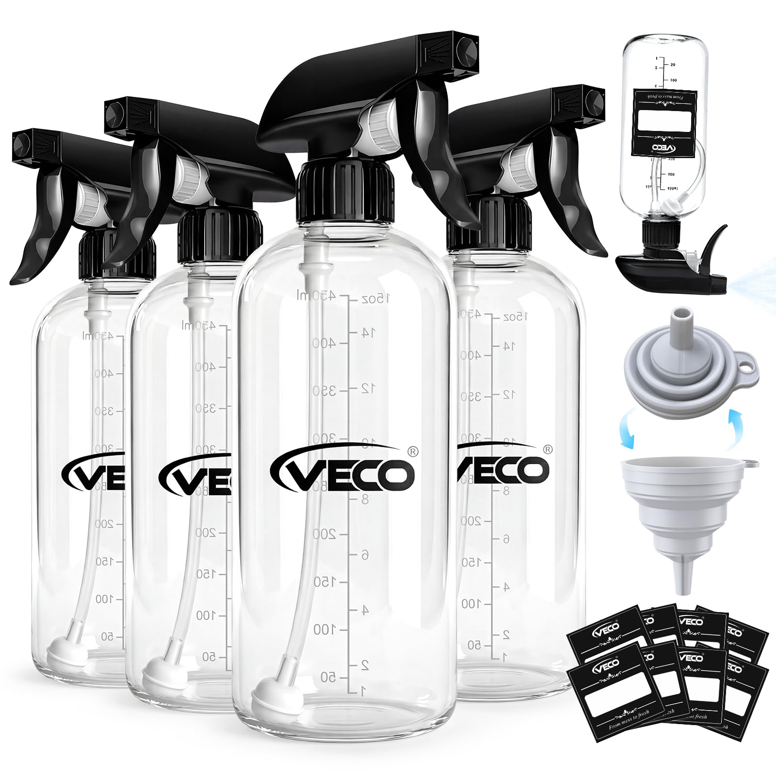 Photo 1 of Veco 500mL (17oz) Graduated Spray Bottles, 4-Pack — 360° Any-Angle Spraying for Easy Dilution, Leak-Resistant spray bottles for Cleaning, Plants, Hair & Pet Use + Foldable Funnel